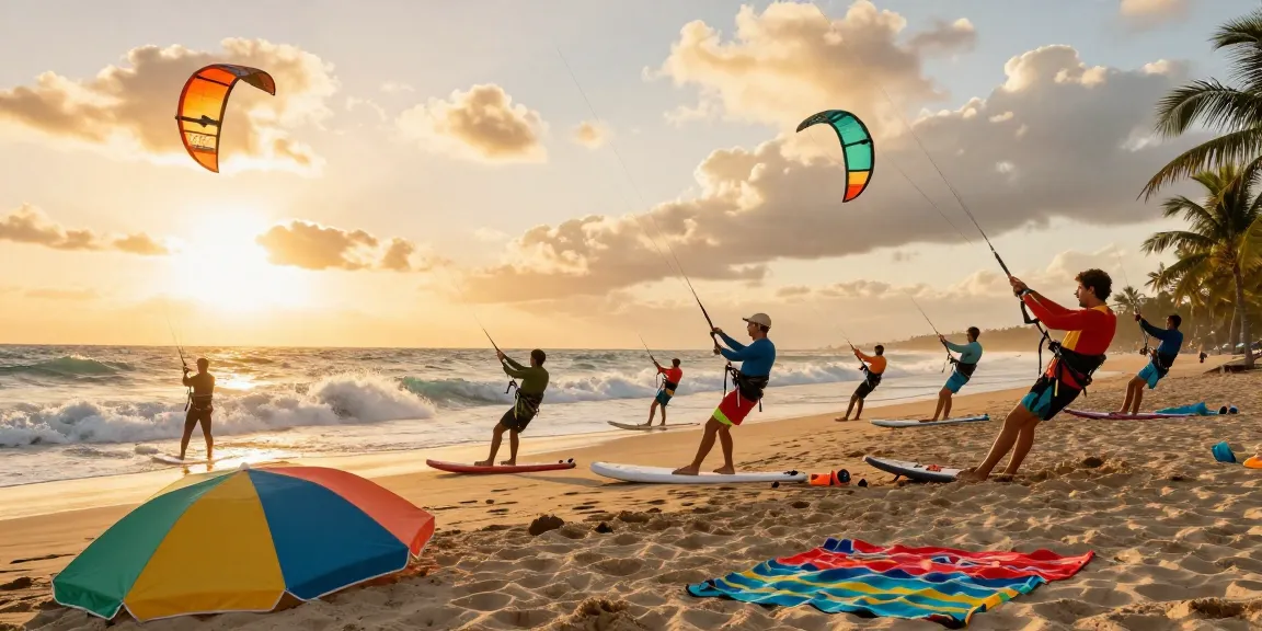 Adventurers enjoy water sports on the beach at sunset, highlighting slot qris activities.