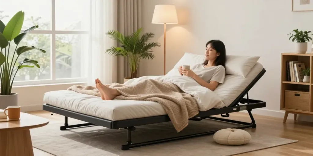 Portable bed set up in a cozy living room with soft lighting and stylish decor.