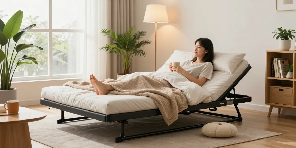 Portable bed set up in a cozy living room with soft lighting and stylish decor.
