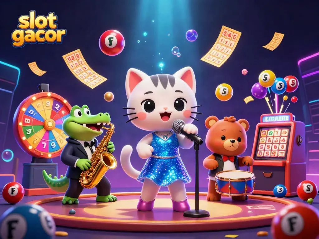 Experience excitement with the slot gacor theme in this lively casino scene featuring jazz-singer cat and friends.