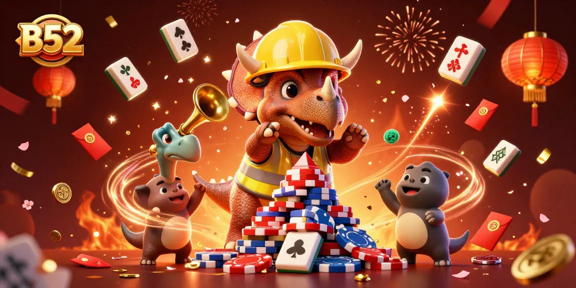 Experience B52 gaming action with vibrant celebrating characters amidst casino symbols.