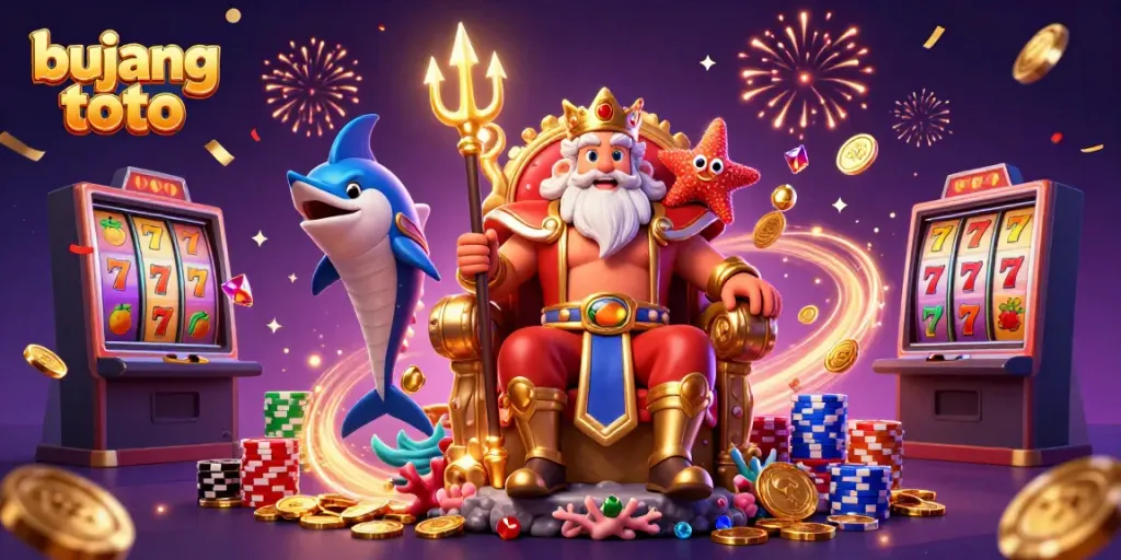 Experience the excitement of bujang toto with Neptune and a samurai guardian in a vibrant casino scene.