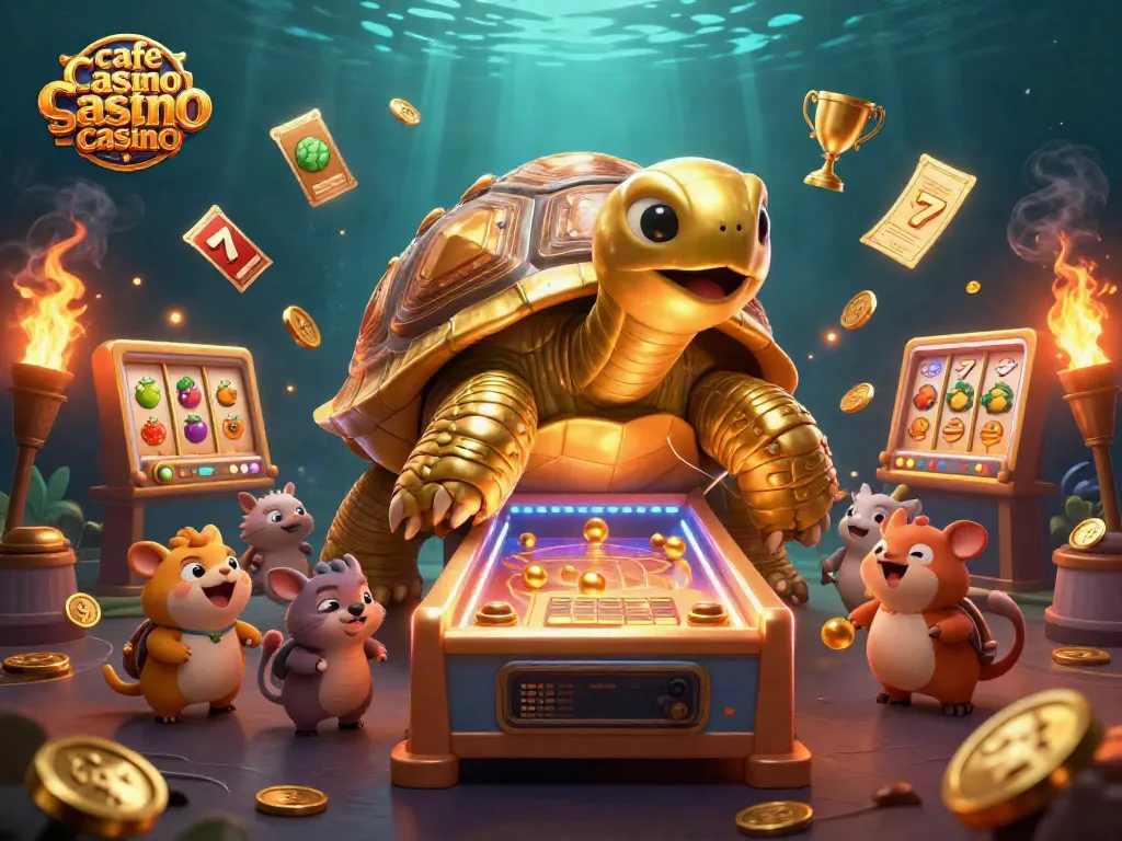 Engage with the vibrant scene of the cafe casino sister casino featuring a colossal tortoise pinball machine amidst dynamic gaming elements.