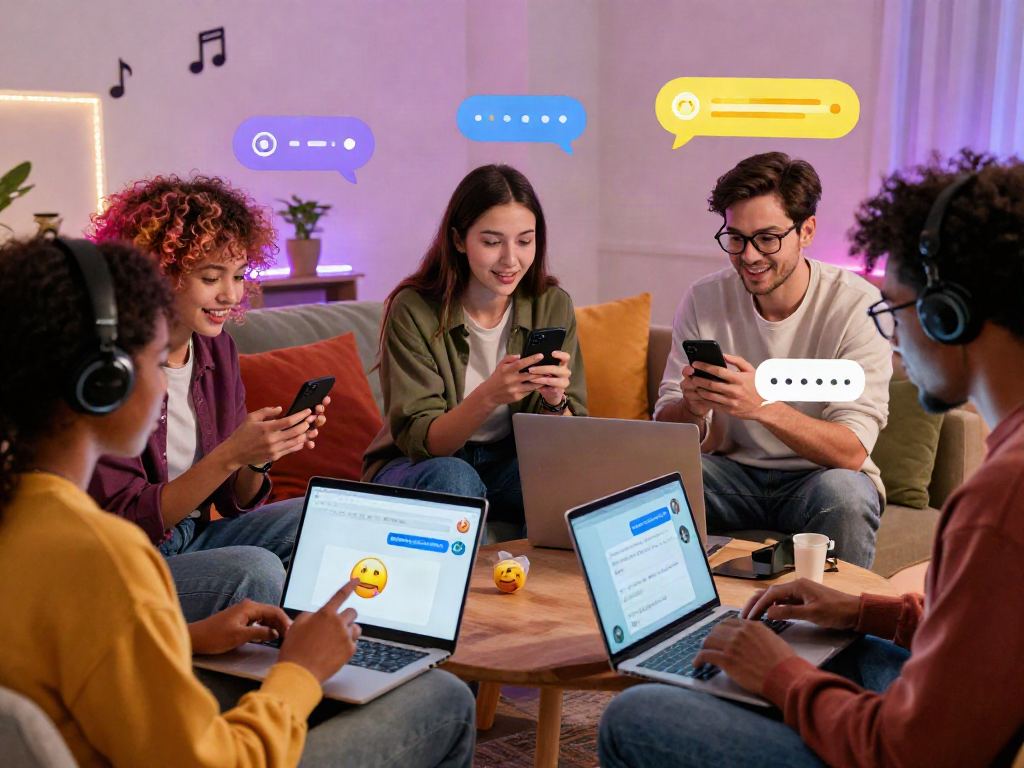Engaging users interacting with an nsfw chat bot in a cozy lounge setting, showcasing digital conversations and social interaction.