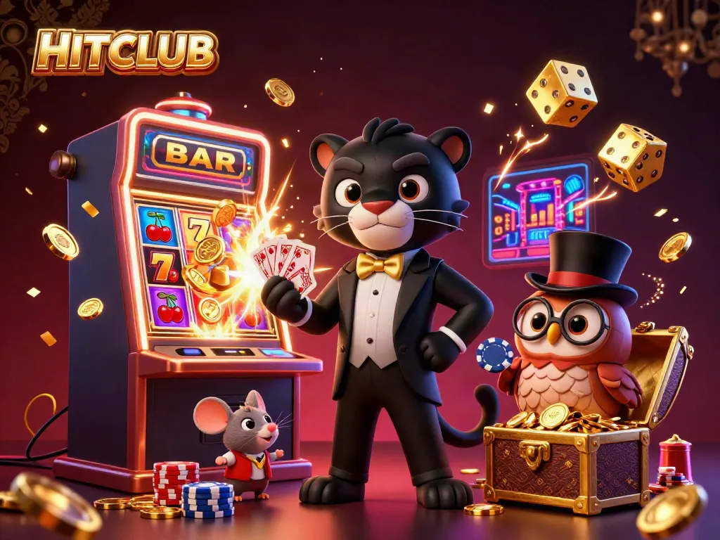 Experience the excitement of HITCLUB with our stylish black panther dealer, charming owl, and lucky mouse amidst vibrant casino elements.