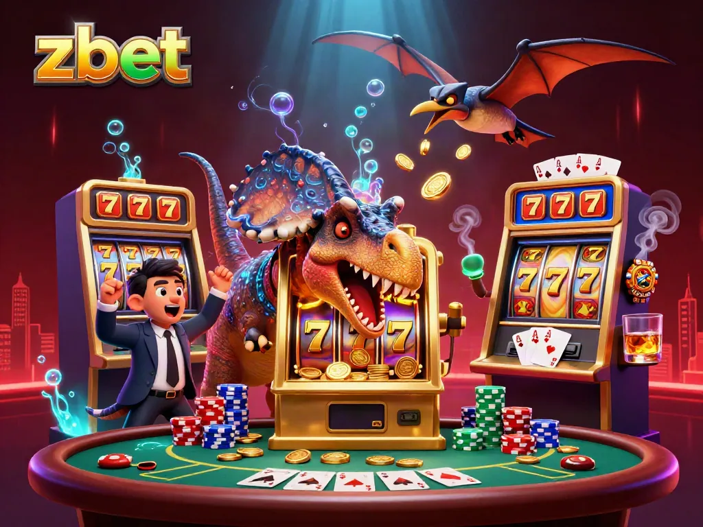 Zbet players enjoy exciting wins as a dinosaur character interacts with a jackpot slot machine.