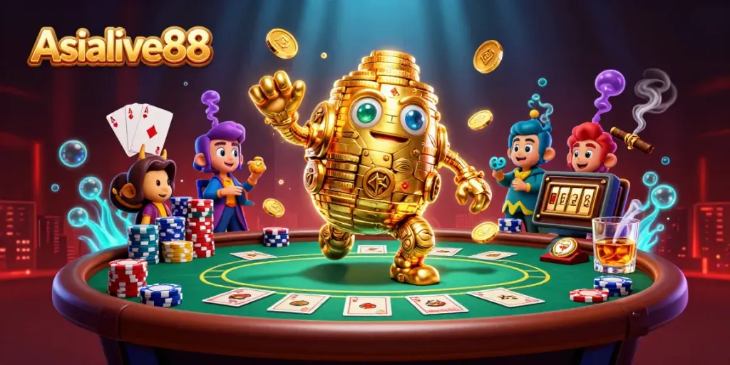 Experience the thrill of Asialive88 with a golden golem and festive casino elements.
