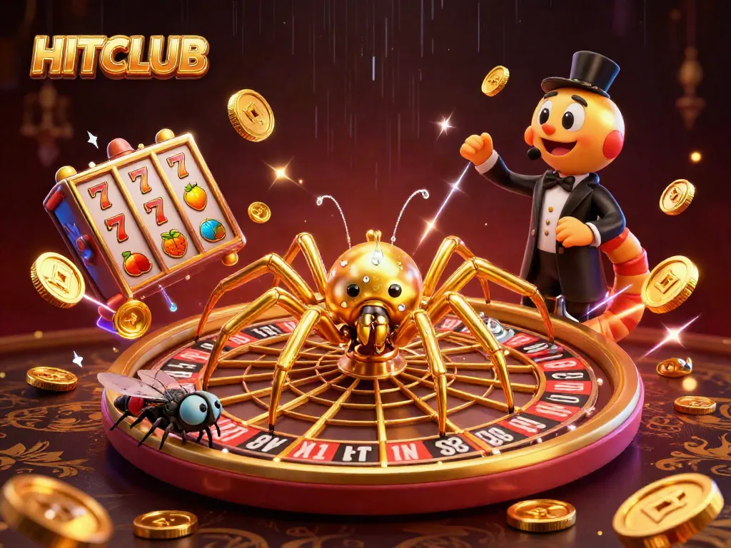 Engage in thrilling HITCLUB gameplay with a vibrant scene of lucky symbols and dynamic casino action.