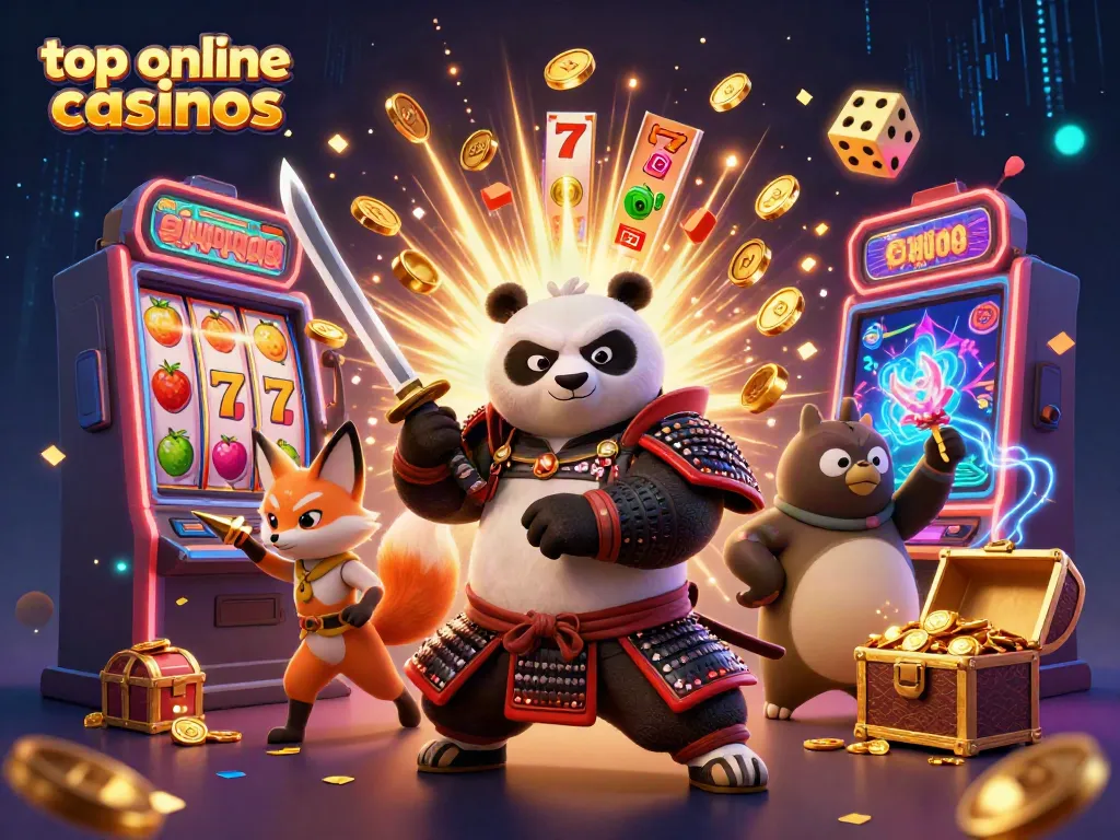 Experience top online casinos with an exciting illustration of samurai panda, ninja fox, and energetic game elements.
