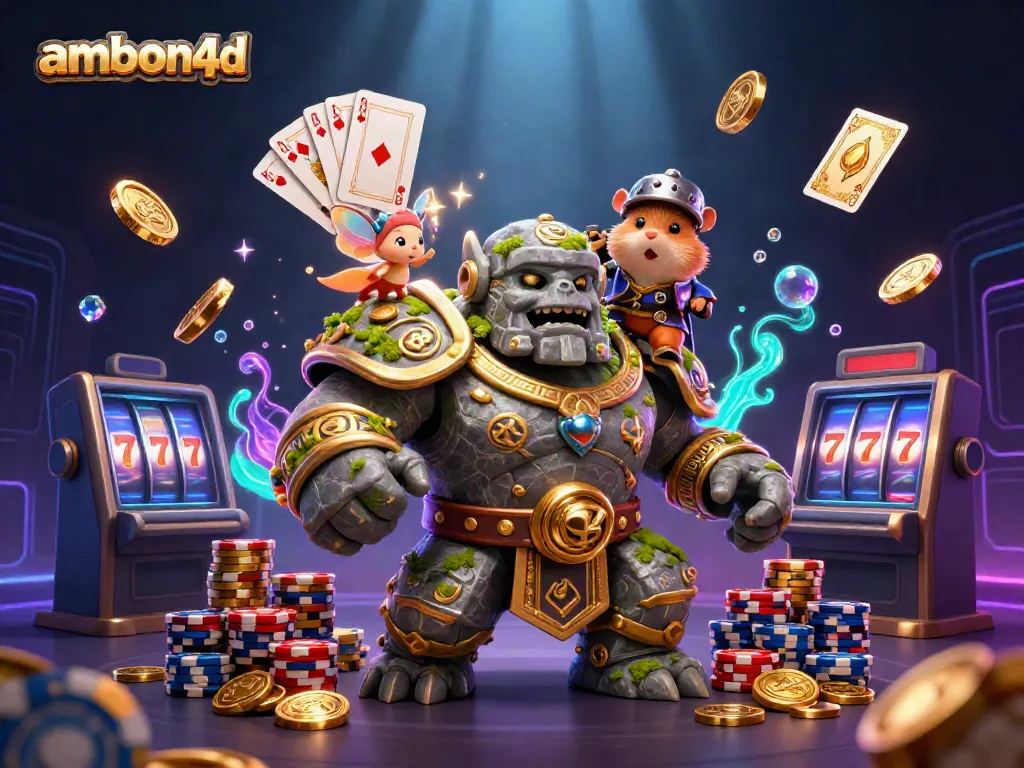 Experience thrilling wins with ambon4d, featuring an enchanted golem guardian and vibrant casino elements.