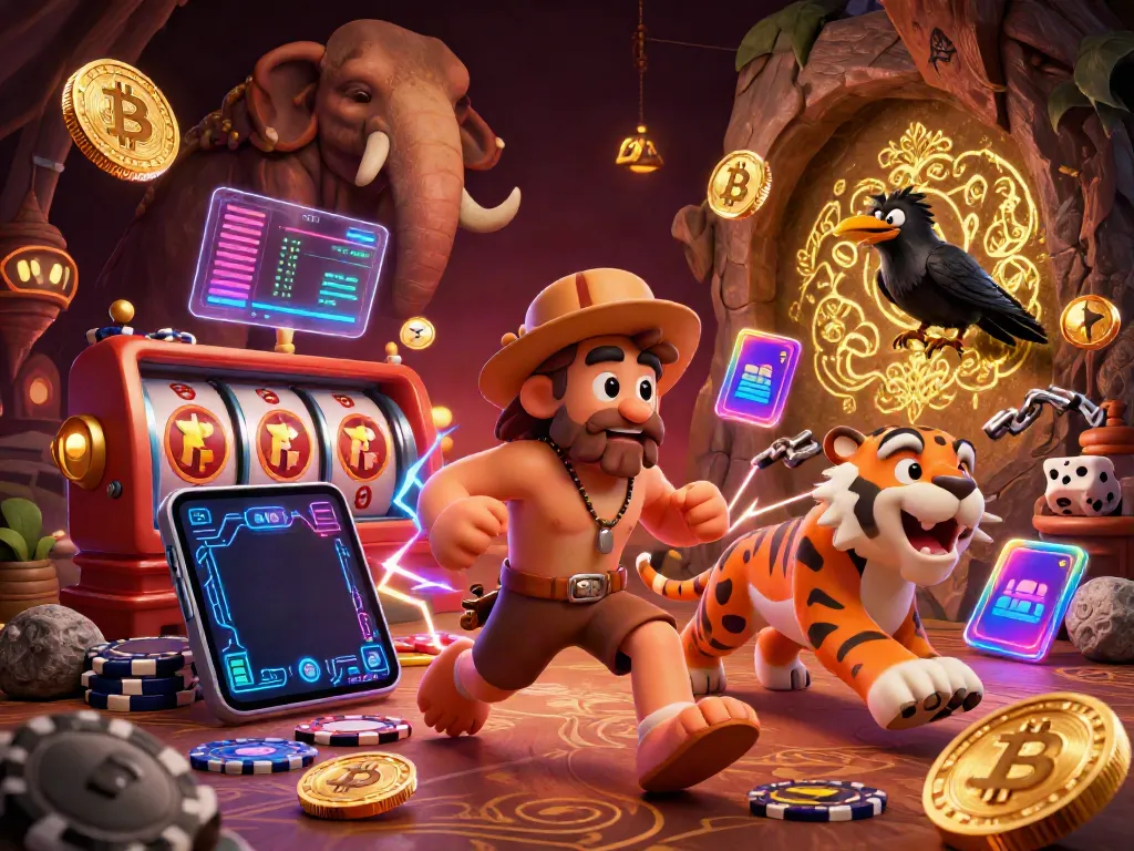 Experience the thrilling slot gameplay with a dynamic prehistoric casino scene filled with cartoon characters and vibrant elements.