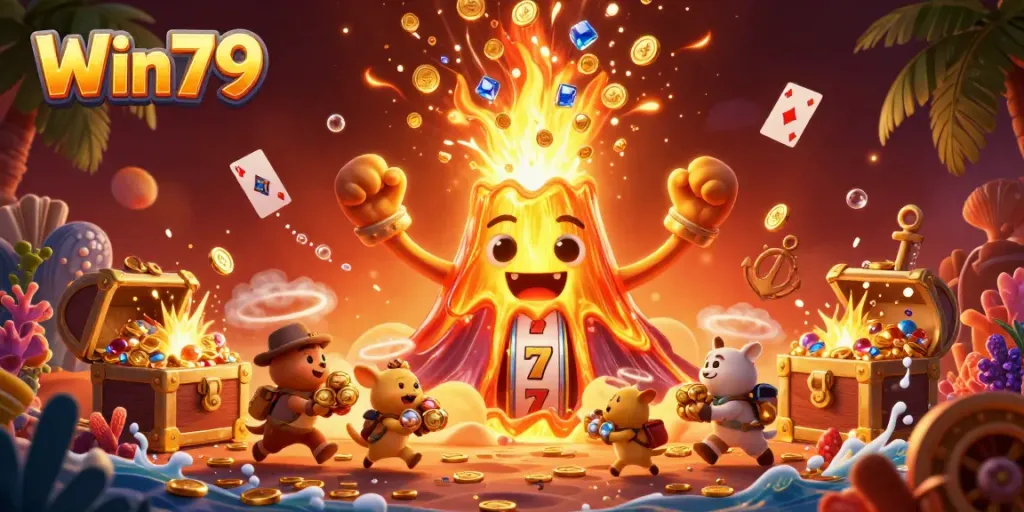 Win79 offers thrilling gaming experiences with treasure-filled volcano and exciting slot reels.