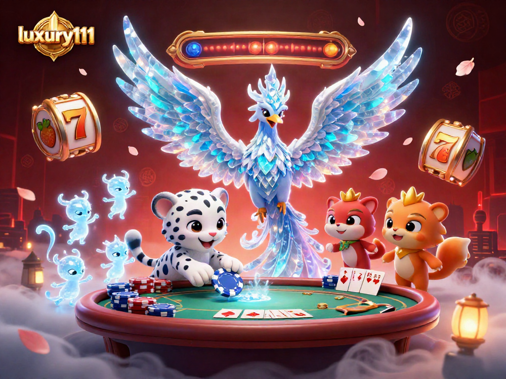 Experience excitement with luxury111 in this vibrant 3D casino scene featuring a phoenix and poker.