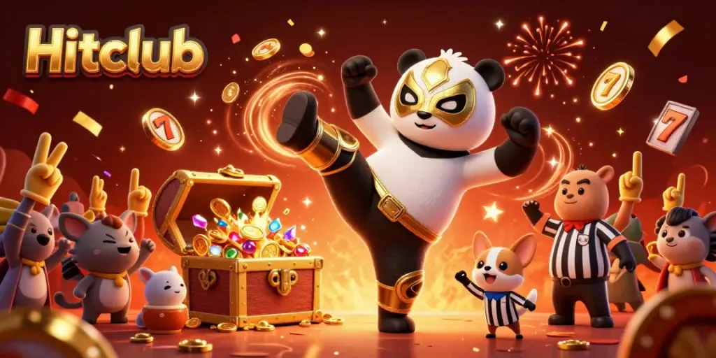 Hitclub showcases an exciting casino scene with animated characters enjoying gambling games and explosive treasures.