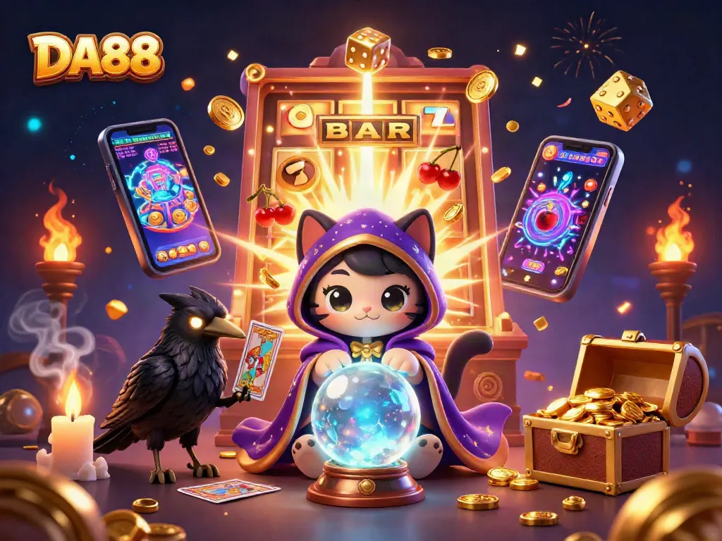 Win big at DA88 with vibrant 3D casino illustration showcasing slot machines and fortune elements.