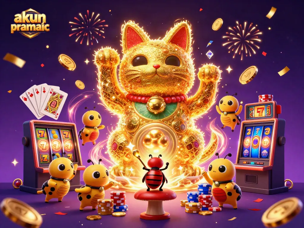 Experience the excitement of akun pragmatic with a vibrant 3D scene featuring a lucky cat and dynamic casino elements.