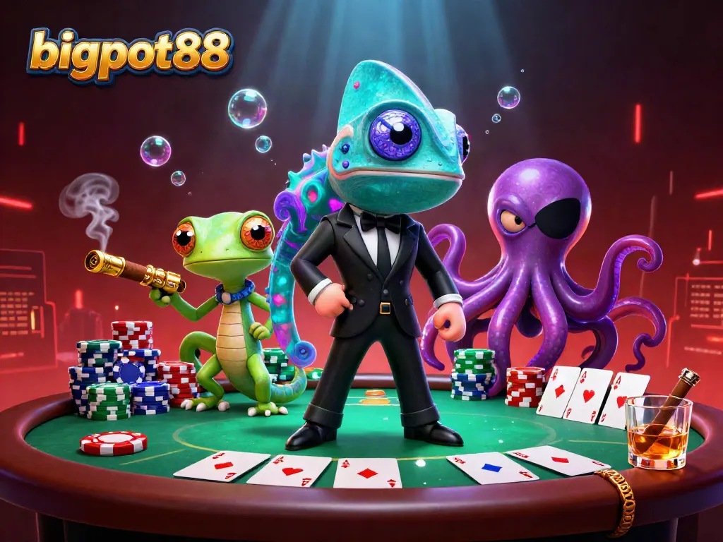 Permainan kartu dengan bigpot88 menampilkan chameleon agen rahasia dan teman dalam suasana kasino yang mendebarkan.