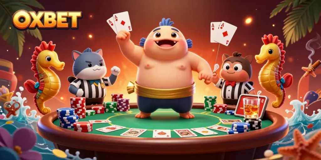 Join the fun at OXBET with this vibrant underwater poker scene featuring colorful characters and game elements.