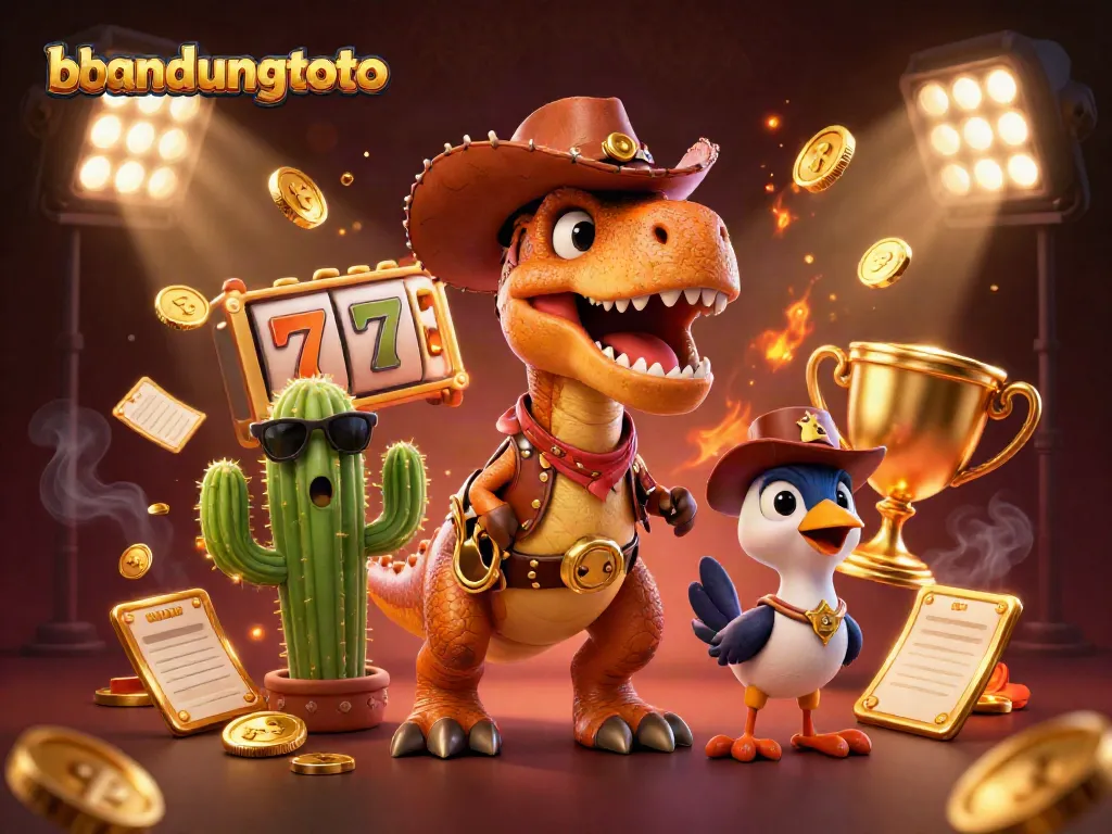 Experience excitement with bandungtoto as a T-Rex cowboy spins slot reels surrounded by golden jackpots.
