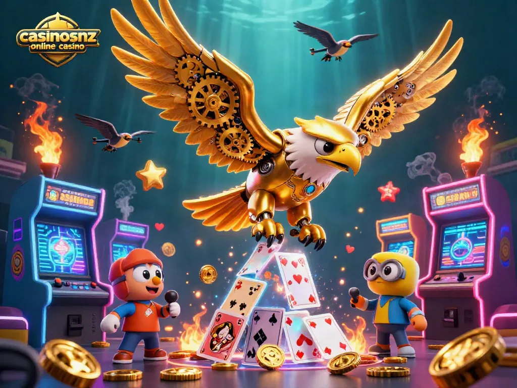 Experience thrilling gameplay at casinosnz online casino with a cybernetic eagle soaring through vibrant elements.