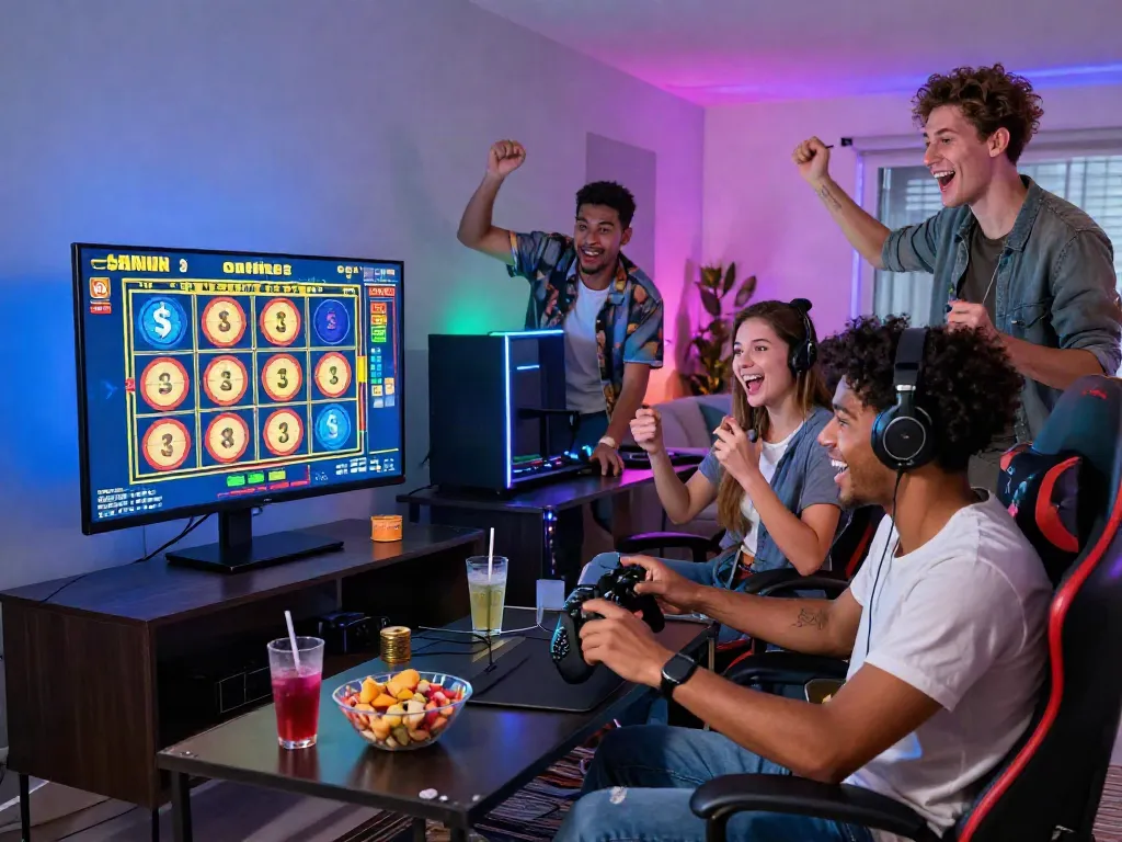 Friends enjoying slot online games together with gaming console in a vibrant living room.