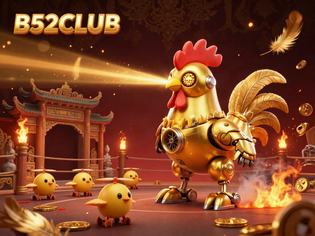 B52CLUB showcases a vibrant scene with a golden rooster robot and baby chick drones in a dazzling gambling arena.