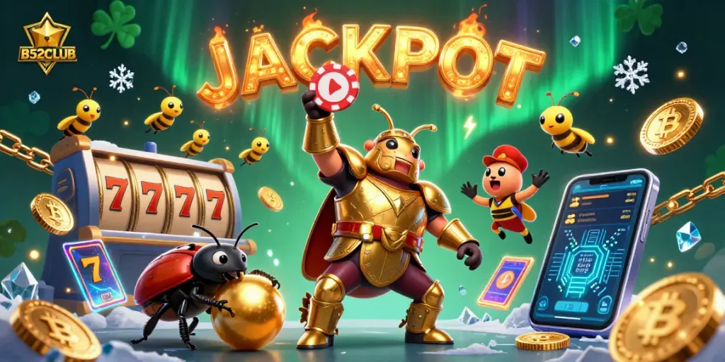 B52CLUB players enjoying golden poker chips and dynamic wins in a 3D casino scene.