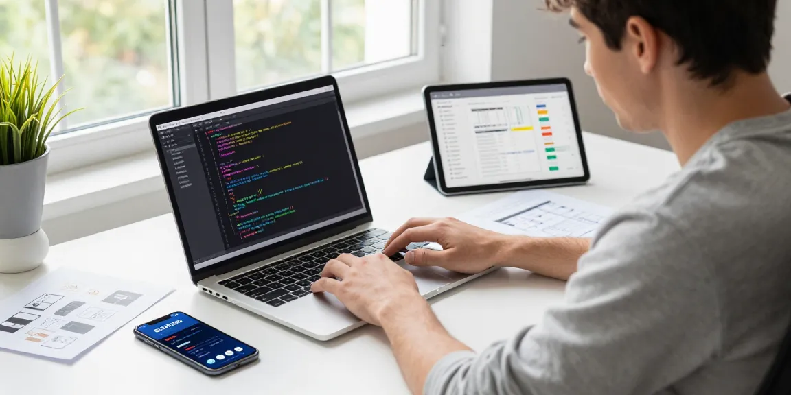 SLOT7000 app interface on a developer's desk with coding tools in a bright workspace.