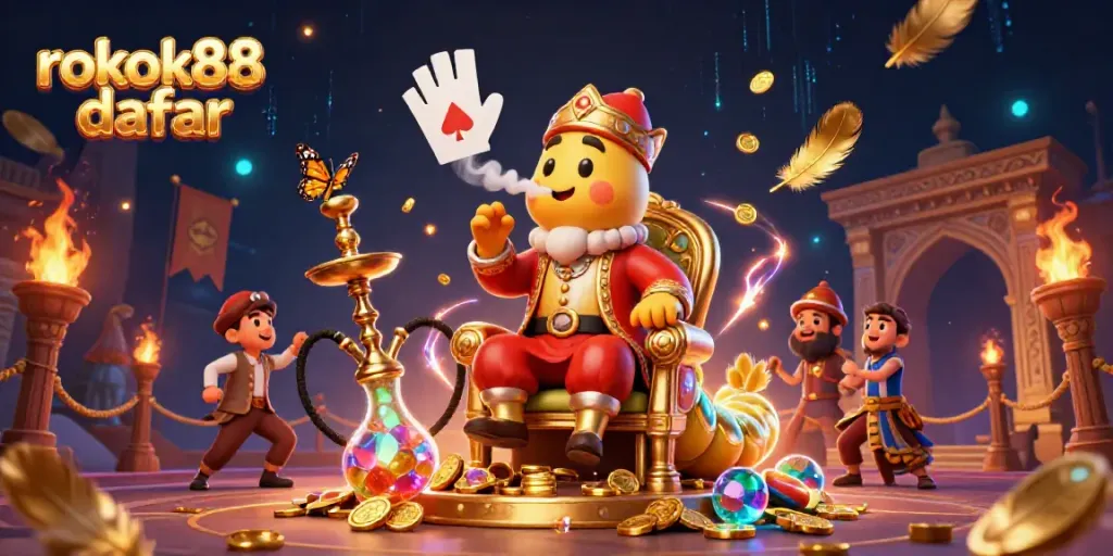 Gambarkan aksi rokok88 daftar dalam ilustrasi kasino 3D yang meriah dan penuh detail.