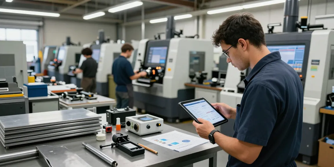 Machine shop environment showcasing skilled workers operating equipment and reviewing schematics.