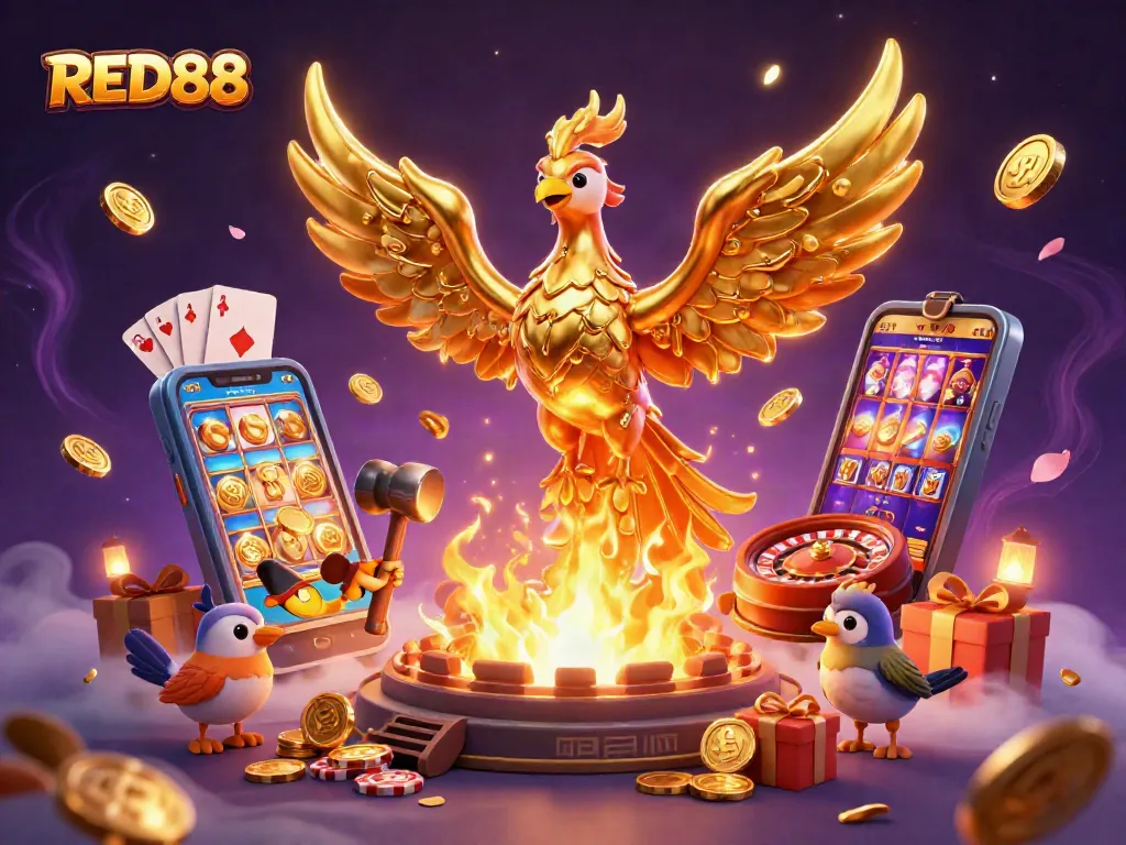 Experience exciting gameplay at RED88 with a stunning 3D phoenix and casino elements.