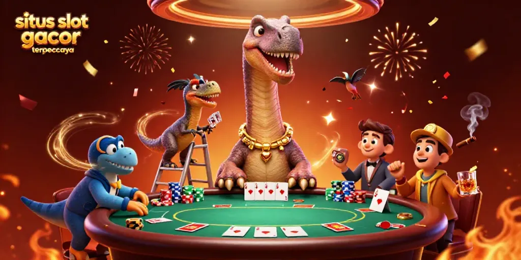 Experience fun and excitement with the situs slot gacor terpercaya, featuring a whimsical dinosaur poker scene.