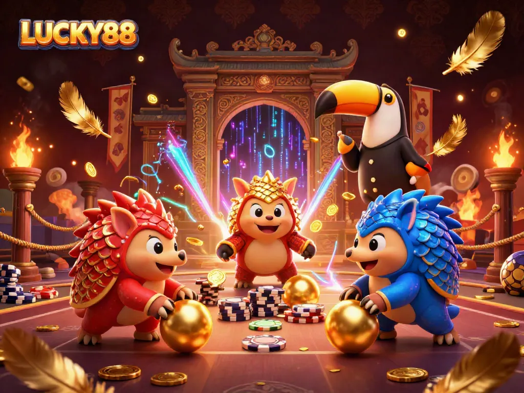 Engage with LUCKY88 in a vibrant, competitive casino atmosphere with dynamic pangolin characters.