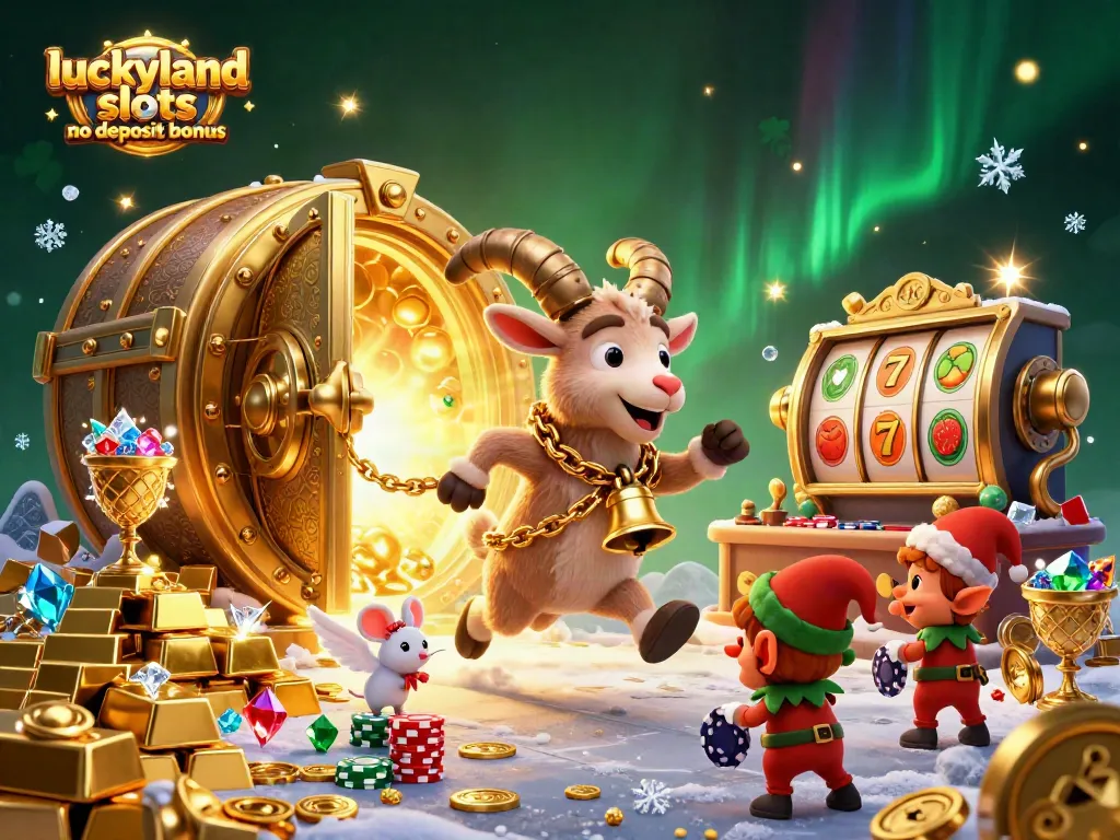 Engage with the exciting LuckyLand Slots no deposit bonus, featuring festive characters in a vibrant casino.