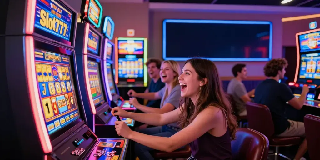 Pengunjung bersenang-senang bermain Slot777 di kasino modern yang penuh warna