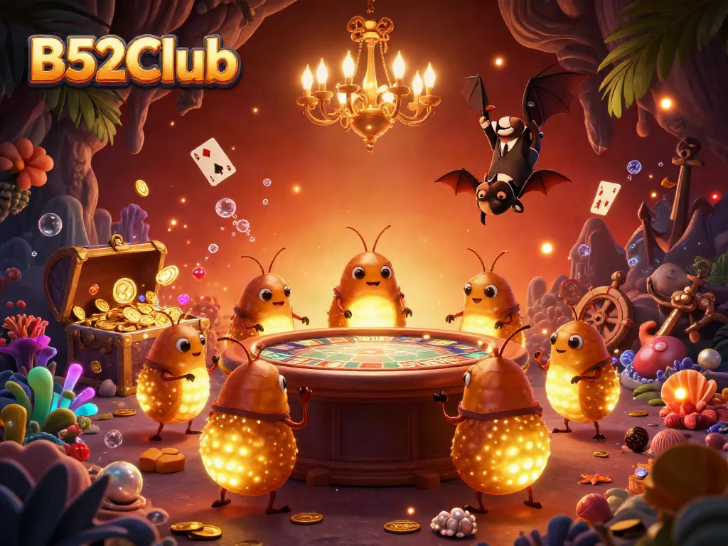 Experience the vibrant glow of B52Club's cave casino with luminescent characters and dynamic gaming elements.
