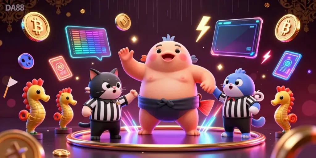 Engage in vibrant gaming action with DA88, featuring a cartoon fugu in a sumo matchup amidst crypto elements.