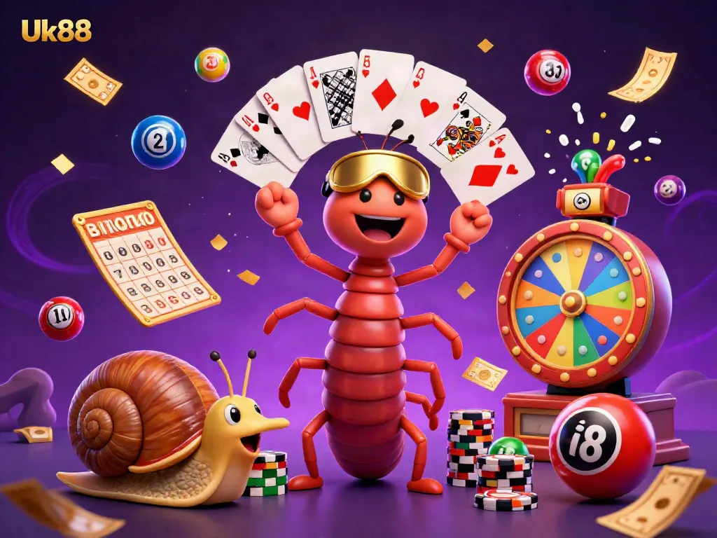 Experience the excitement of Uk88 with a dynamic 3D casino scene featuring playful characters and vibrant gaming elements.