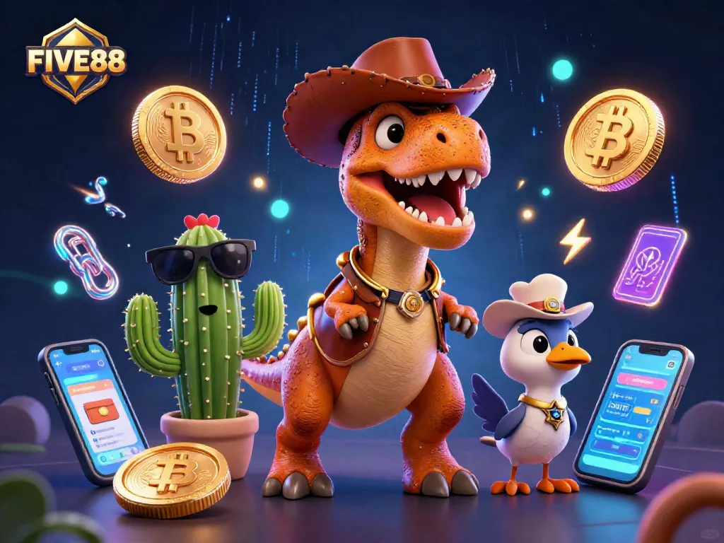 Engage with FIVE88 by exploring a vibrant casino world filled with cartoon characters and digital currencies.