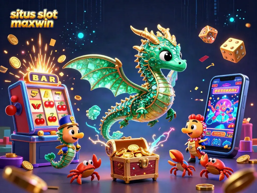 Situs slot gacor maxwin showcases a vibrant 3D cartoon sea dragon amidst a jackpot explosion of coins and casino elements.