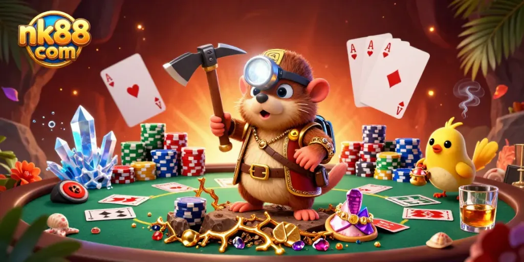 Engage in the thrilling world of nk88 com with a rich 3D illustration of gambling excitement.