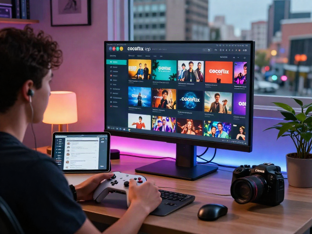 Cocoflix apk interface on a vibrant monitor with gaming controller and modern workspace