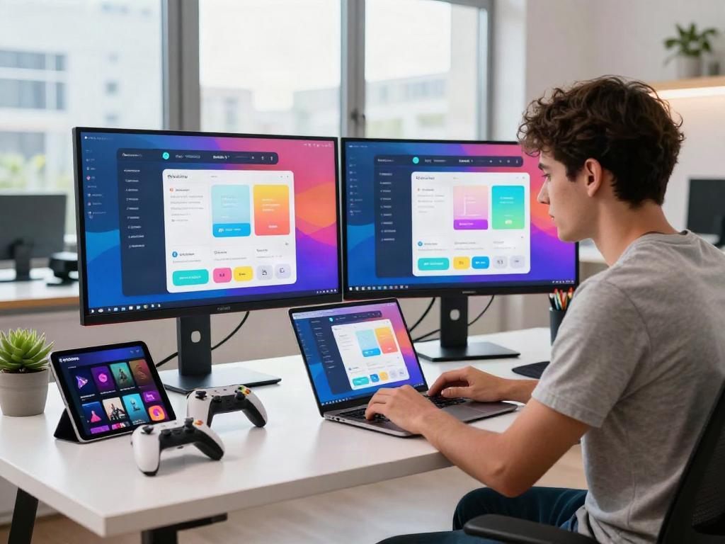 Developer showcasing the pikashow app on dual monitors in a vibrant tech workspace.