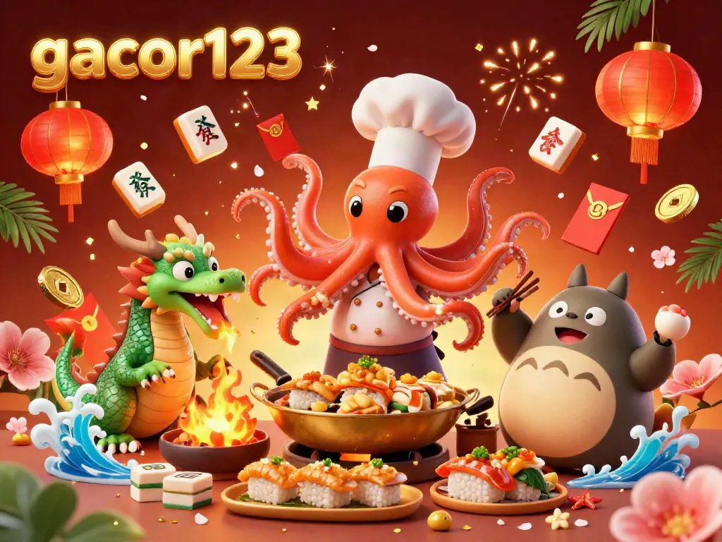 Engage with gacor123 in an interactive 3D scene featuring playful casino characters, vibrant game elements, and rich colors.