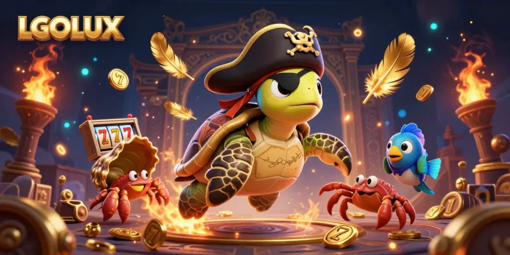 Engage with LGOLUX's immersive gaming experience featuring vibrant 3D characters and slot reels.