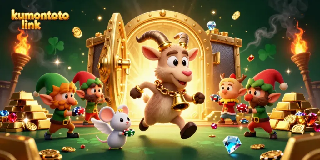 Engage with kumontoto link in a festive casino scene featuring playful characters and shimmering treasures.