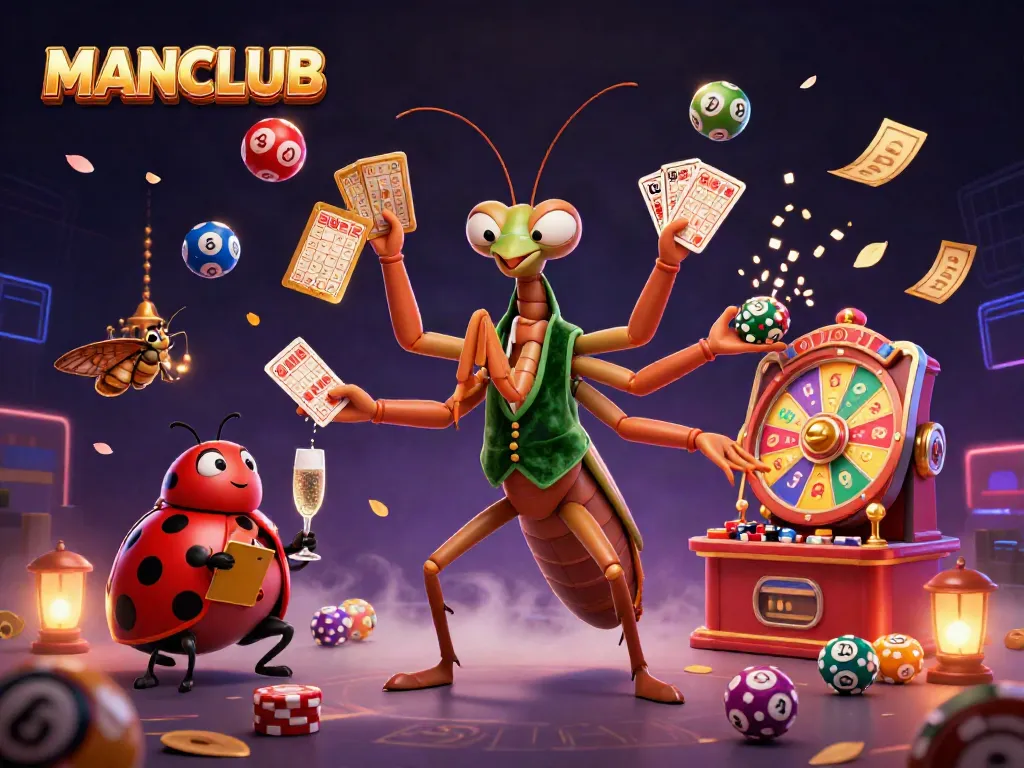 Engage in thrilling gameplay with MANCLUB's vibrant casino scene depicting dynamic card games, lotto balls, and prize wheels.