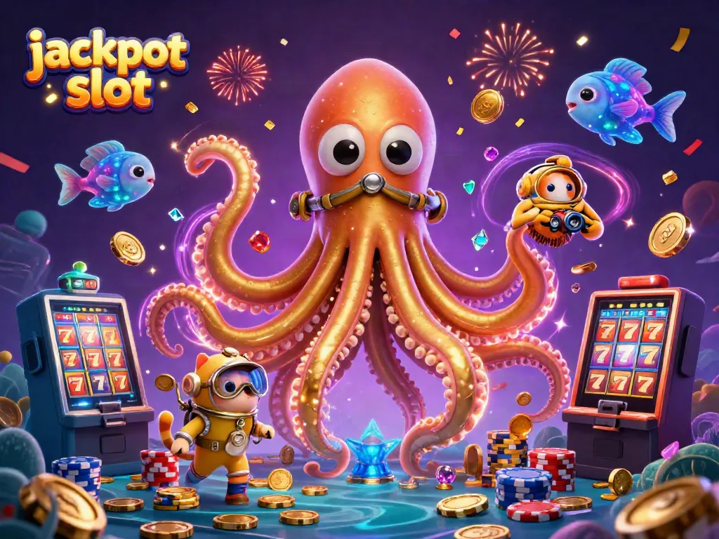 Experience the excitement of jackpot slot machines with a twisting kraken and diving cat!