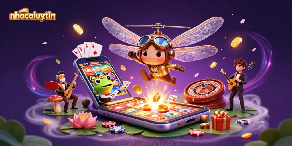 Experience thrilling card gaming at nhacaiuytin with a frog croupier and dynamic casino scene.