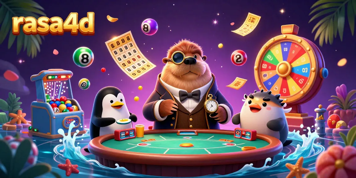Gambaran rasakan permainan rasa4d dengan walrus kartun dan elemen kasino.